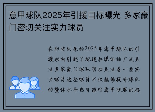 意甲球队2025年引援目标曝光 多家豪门密切关注实力球员