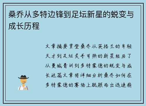 桑乔从多特边锋到足坛新星的蜕变与成长历程