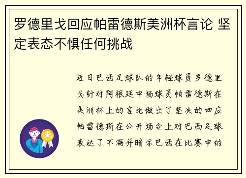 罗德里戈回应帕雷德斯美洲杯言论 坚定表态不惧任何挑战