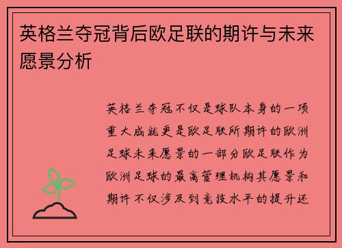 英格兰夺冠背后欧足联的期许与未来愿景分析