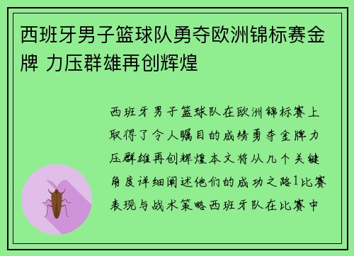 西班牙男子篮球队勇夺欧洲锦标赛金牌 力压群雄再创辉煌