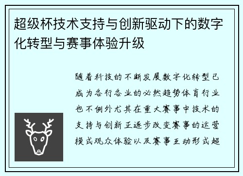 超级杯技术支持与创新驱动下的数字化转型与赛事体验升级